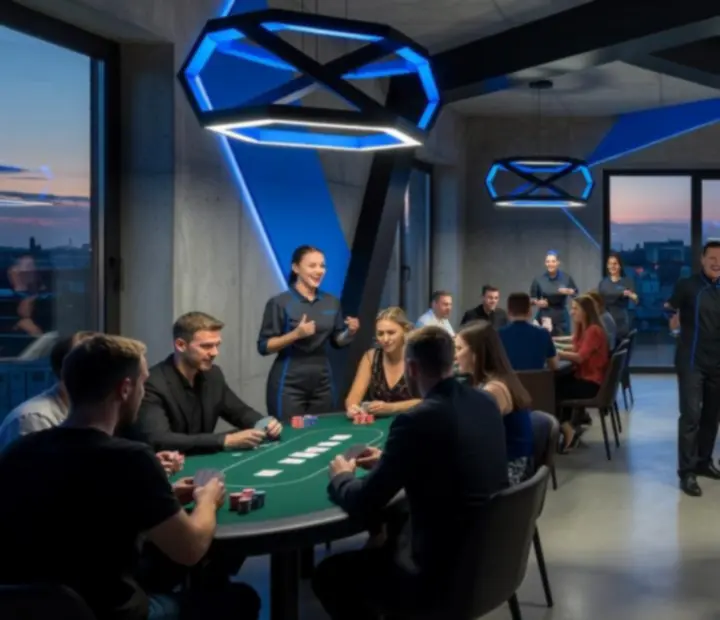 Interiér restaurace Plzenova během pokerového večera s výraznou neo‑brutalistickou grafikou