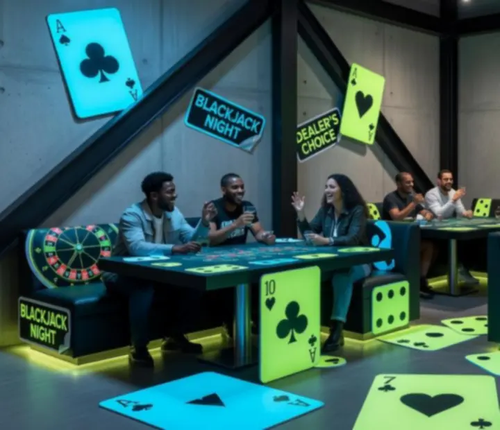 Stylový neo‑brutalistický interiér restaurace s blackjackovým stolem