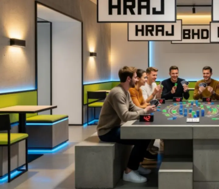 Blackjackový stůl v moderní restauraci se stylovým nasvícením