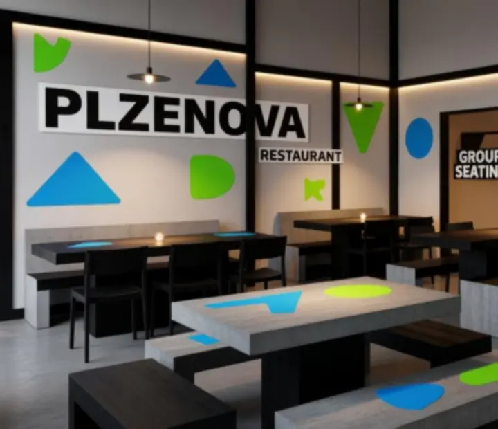 Interiér restaurace Plzenova s bílými plochami, černými hranami a neonovými akcenty připravený na večer stolních her.