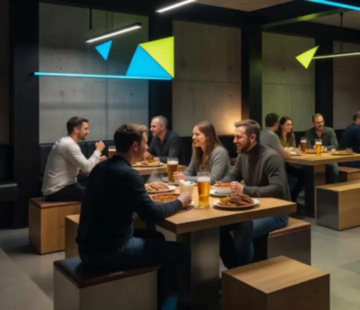 Interiér restaurace Plzenova s velkými stoly, hosty a živou atmosférou.