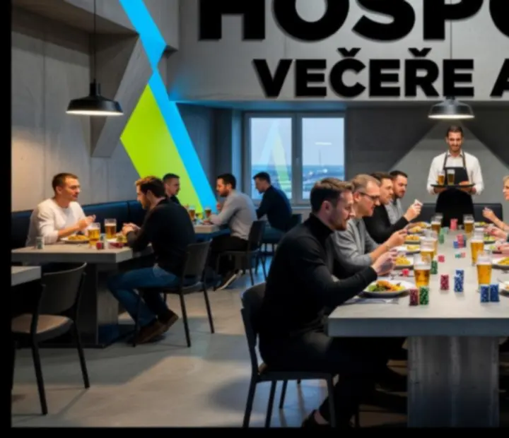 Neo-brutalistický interiér restaurace Plzenova se stolními hrami a hosty u stolu.