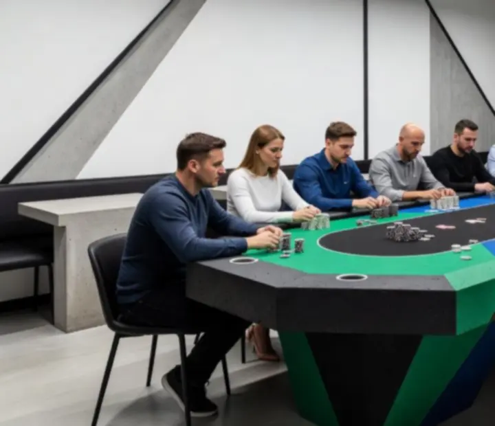 Detail pokerového stolu v interiéru restaurace Plzenova se žetony a bodovacími kartami
