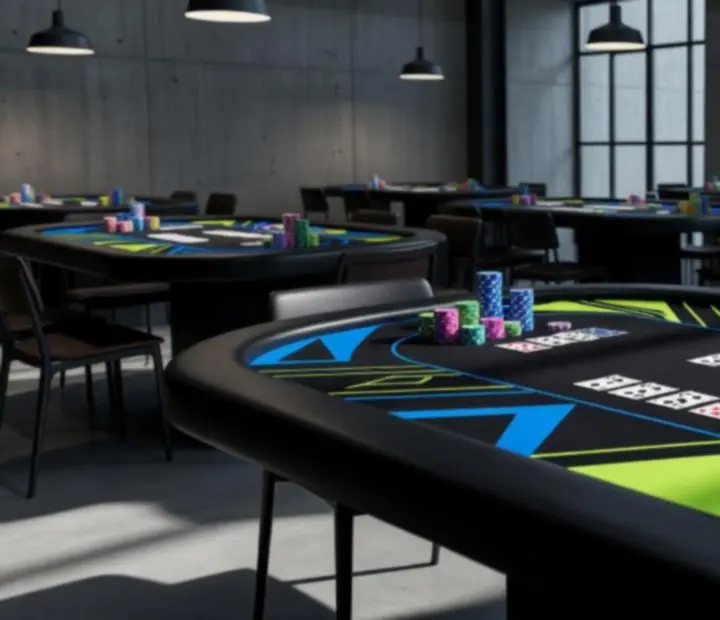 Pohled na pokerové stoly s žetony a kartami v restauraci Plzenova