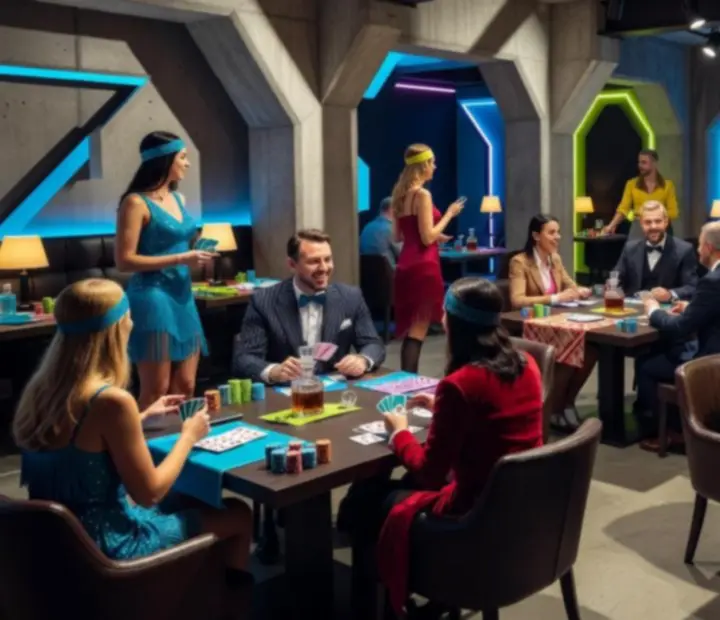 Tematický večer v restauraci Plzenova s hosty, osvětlením a stolními aktivitami.
