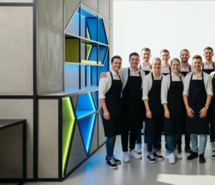 Tým Plzenova v neo‑brutalistickém interiéru restaurace při přípravě večera stolních her.